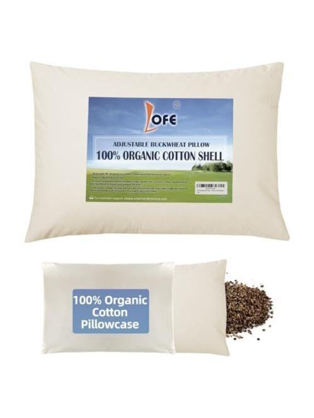 LOFE® Organic Buckwheat Pillow w/ Adjustable Height & Organic Cotton Pillowcase